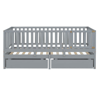 Daybed With Fence Guardrails And 2 Drawers, Split Into Independent Floor Bed & Daybed