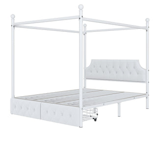 Queen Size Canopy Platform Bed With Upholstered Headboard And 2 Storage Drawers - White