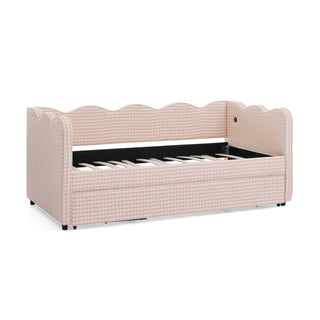 Gingham Daybed With USB Charging Port, Wave Shaped Design