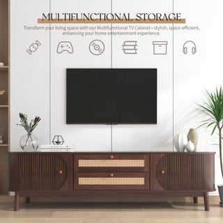 TV Stand For TVs Up To 75'', Cabinet With Drawers And Sliding Doors, Living Room Entertainment Console - Natural Wood / Brown
