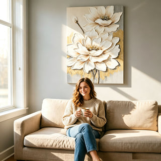 Lotus Flower Canvas Wall Art, Hand Painted Thick Textured Floral Painting With Accents, Neutral Decor For Living Room - Antique White / Gray