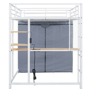 Loft Bed With Desk, Shelves, Power Outlet, LED Light And Wardrobe
