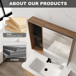 Wall Mounted Bathroom Mirror Cabinet & Adjustable Shelves - Imitative Oak