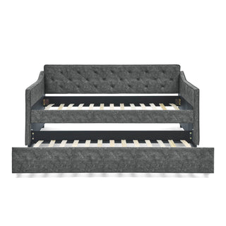 Twin Upholstered Daybed With Trundle, Waved Arms - Gray