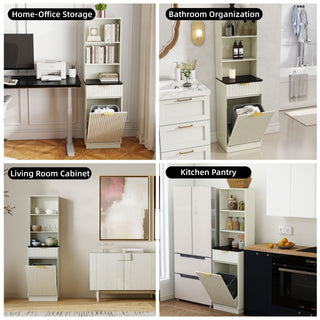 Tall Narrow Fluted Storage Cabinet With Trash Bin Compartment For Kitchen (Trash Can Not Included)