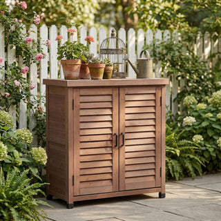 Potting Bench With Storage Cabinet And Metal Table Top For Outdoor