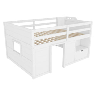 Low Loft Bed Frame With Built In Stairs, Storage Drawer, Shelf And 7 Color LED Light