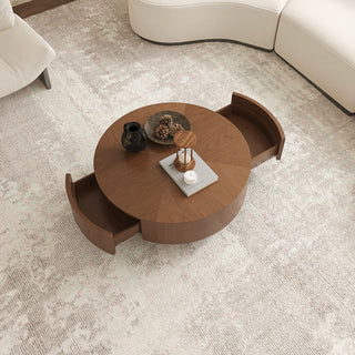Drum Shaped Coffee Table With Hidden Storage Drawer, Low Profile For Living Room - Walnut