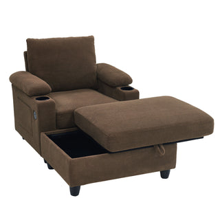 Accent Chair With Storage Ottoman, Reclining Single Chaise Lounge With Cupholders And USB, C Ports