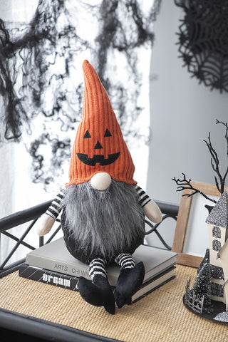 Sitting Gnome With Knit Hat, For Halloween Decor - Black / Orange / White