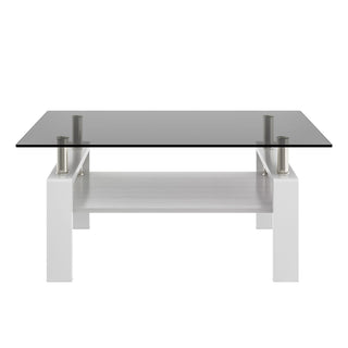 Modern Rectangular Coffee Table With Tempered Transparent Glass Top And Storage Shelf