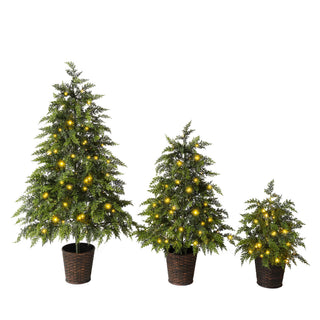 3 Piece Pre Lit Christmas Tree Set With Warm Glowing LED Lights, Sturdy Potted Base, Full Cascading Branches - Green