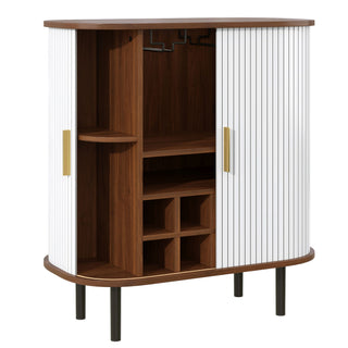 Fluted Wine Bar Cabinet With 8 Grid Wine Rack, 5 Level Adjustable Shelves, 2 Glass Holders