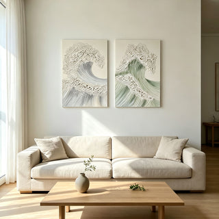Ocean Wave Wall Art, Textured Canvas Painting With Accents (Set of 2) - Sage Green+Gold