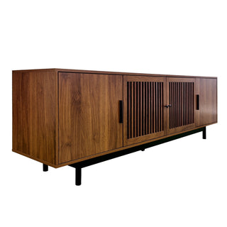 TV Stand, Media Console With Soft Closing Hinges, Adjustable Shelves, Slatted Doors - Walnut