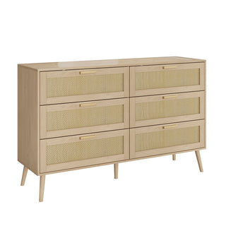 Rattan 6 Drawers Chest Of Dressers For Bedroom, Modern 6 Drawer Dresser, Wide Chest Of Drawers With Wood Handles, Rattan Dresser Storage Cabinet For Living Room, Bedroom, Hallway - Natural Wood / Oak