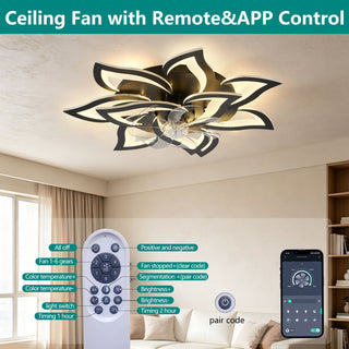 32" Flower Ceiling Fan With LED Dimmable Light, Low Profile Flush Mount Fan With Remote Control, 6 Speeds
