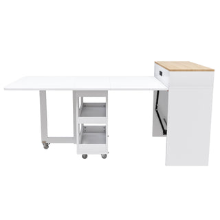 Extendable Dining Table With Power Socket, Lockable Casters, Storage Cabinet