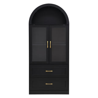 Arched Top Storage Cabinet With Fixed 2 Tier Shelves, 2 Large Drawers
