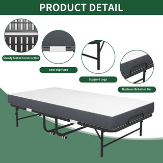 Twin Extra Long Folding Bed For Tall People, Heavy-Duty Rollaway Guest With Memory Foam Mattress - Black