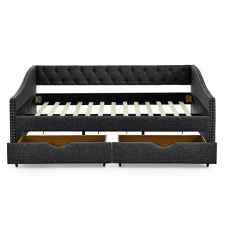 Upholstered Tufted Daybed With 2 Drawers, Waved Arms