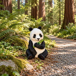 Panda Garden Statue, Sitting Animal Sculpture With Bamboo For Patio - Black White
