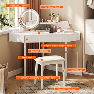 Modern Corner Makeup Vanity Desk With Large Storage, LED Mirror & Stool, Adjustable Brightness, Space Saving - White