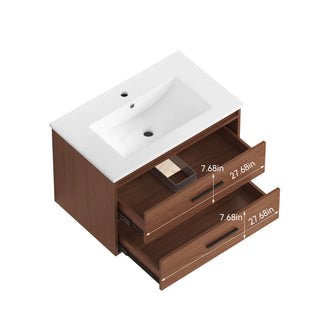 Wall Mounting Bathroom Vanity With Soft Close 2 Drawer, Sink - Reddish Brown
