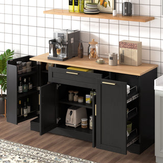 Trexm Multi-Functional Storage Sideboard, Extendable Dining Table, Adjustable Shelves, 3-Tier Pull-Out Rack, Kitchen Island Storage For Kitchen, Dining Room, Living Room (Black)