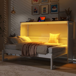 Murphy Bed With LED Light, Foldable Wall Bed Cabinet