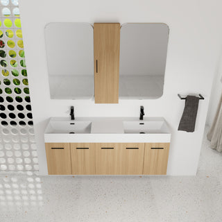 Floating Double Sink Bathroom Vanity Set With Tall Linen Cabinet, Extra Large Storage, Integrated Sink, Soft Close Doors - Glossy White / Light Oak