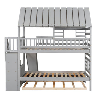 House Bunk Bed With Trundle, Storage Staircase, Roof And Window Design