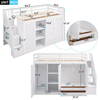 Loft Bed With 3 Shelves, 2 Wardrobes, 2 Drawers, Ladder Storage