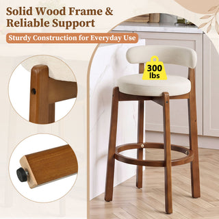 Bar Stool With Curved Backrest, Rounded Edges, And Footrest (Set of 2) - Beige / Walnut