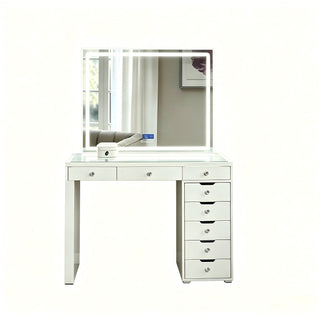 Makeup Vanity Desk With LED Lighted Mirror, 9 Drawers For Bedroom - Gloss White