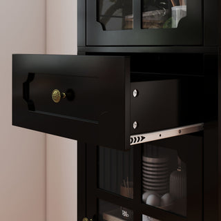 Storage Cabinet, Freestanding Curio Cabinet With Grid Doors & Drawer, Pantry Display Cabinet For Kitchen