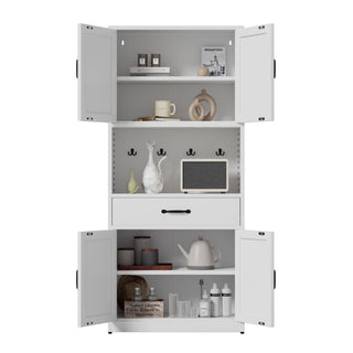 Kitchen Pantry Cabinet With Adjustable Shelves, Drawers, Hooks And Large Countertop - White