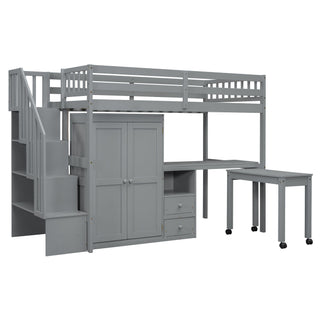 Loft Bed With Stairs, Bookshelf, Drawers, Desk & Wardrobe, Space Saving Multifunctional Furniture