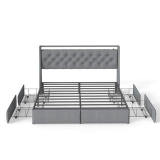 Platform Bed Frame With RGB LED Lights, Charging Station, Storage Headboard & 4 Underbed Drawers