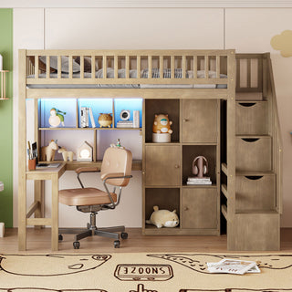 Loft Bed With Built In L Shaped Desk, LED Lights, Storage Shelves, Cabinets, And Staircase