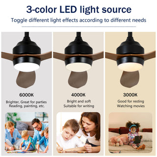 Ceiling Fan With Lights Quiet DC Motor 3 Blade Ceiling Fans 6 Speed Levels, Reversible Ceiling Fan - Matte Black / Wood