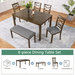 Elegant 6 Piece Dining Table Set With 4 Chairs And Bench
