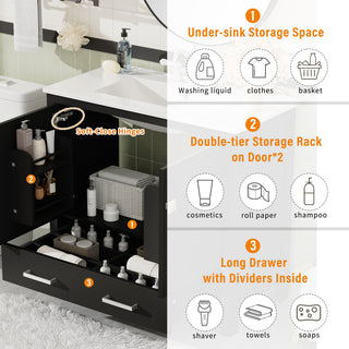 Bathroom Vanity With Sink, Soft Close Doors, Double Shelves & Divided Drawer