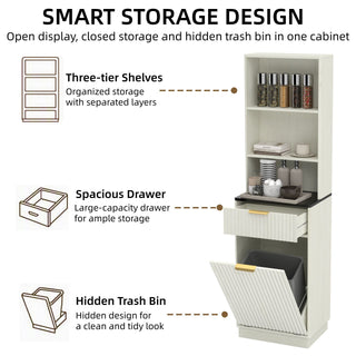 Tall Narrow Fluted Storage Cabinet With Trash Bin Compartment For Kitchen (Trash Can Not Included)
