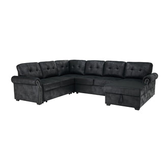 U Shape Sectional Sleeper Sofa With Pull Out Bed And Storage Chaise - Black