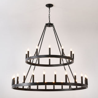 2 Tiers Wagon Wheel Chandelier Wooden Farmhouse 36 Light (24 / 12) Or (12 / 24) Metal Chandeliers 2 Story Light Fixtures Industrial For High Ceiling Living Dining Room Foyer, Adjustable Height - Black