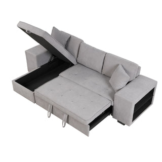 Modern L-Shape 3 Seat Reversible Sectional Couch, Pull Out Sleeper Sofa With Storage Chaise And 2 Stools For Living Room Furniture Set