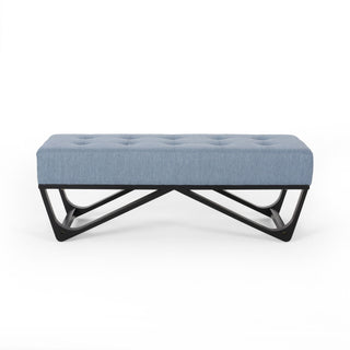 Upholstered Ottoman With Button Tufted Waffle Stitch And Black Geometric Legs - Light Blue
