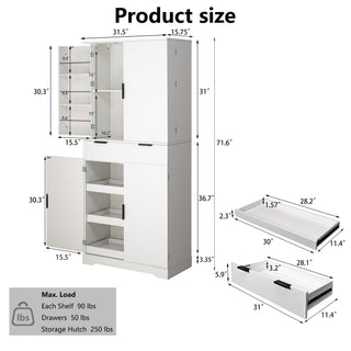 Fluted Kitchen Pantry Cabinet With 3 Keyboard Drawers & 6 Adjustable Door Shelves