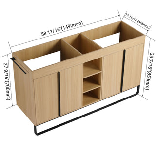 58" Freestanding Bathroom Cabinet With 4 Soft Close Doors & 3 Open Racks (Vanity Only, No Sink) - Oak